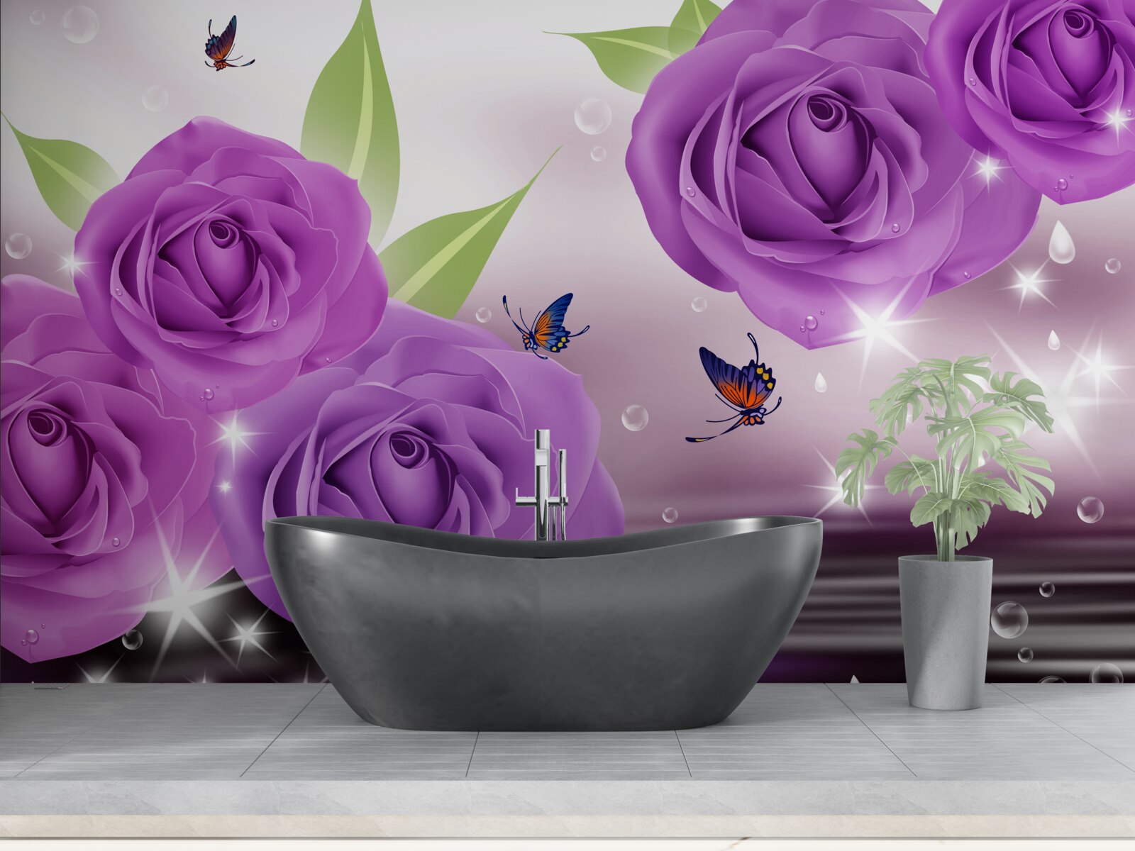 Fototapeten Schmetterlinge und Rosen haben eine dunkelviolette, lila Farbe