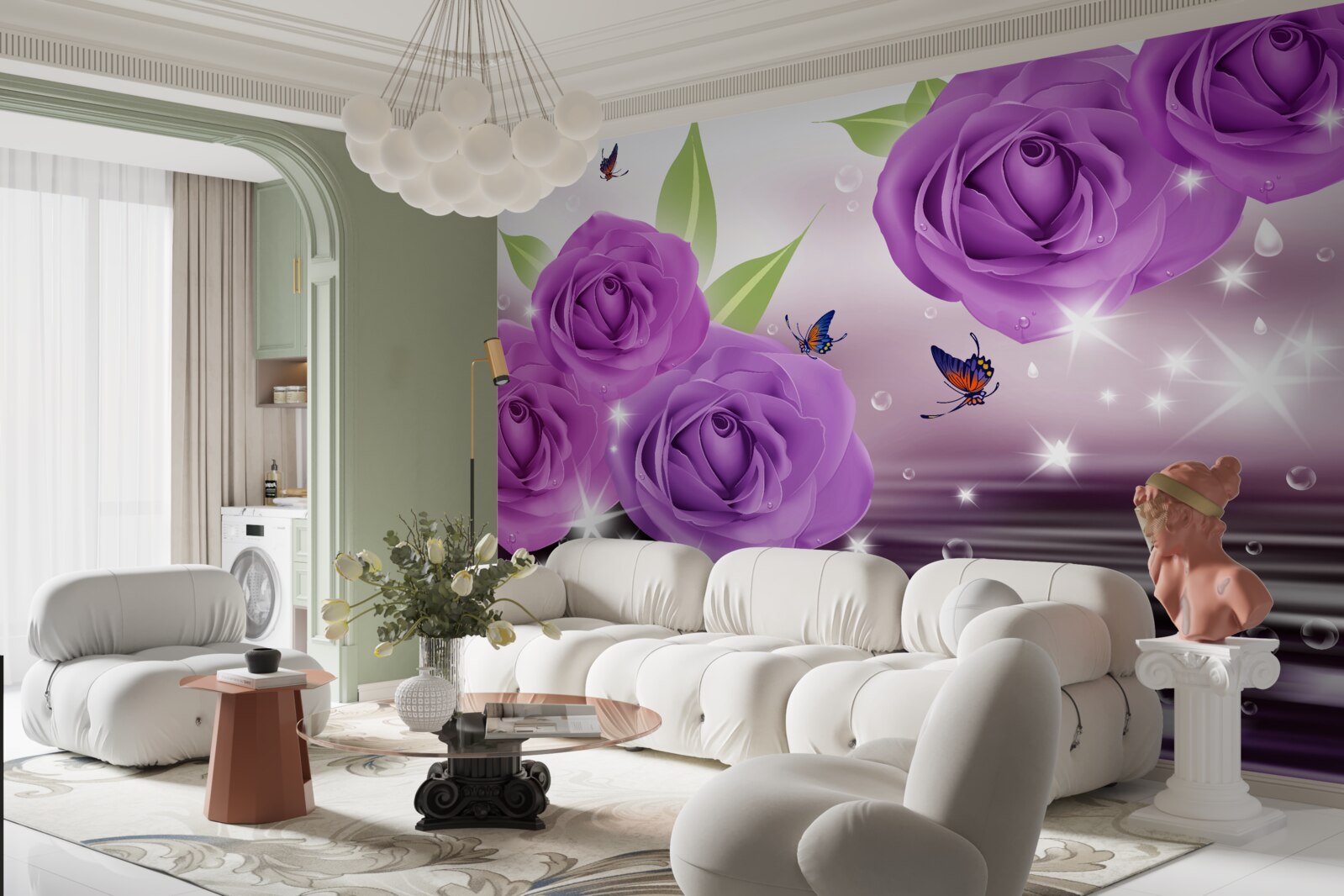Fototapeten Schmetterlinge und Rosen haben eine dunkelviolette, lila Farbe