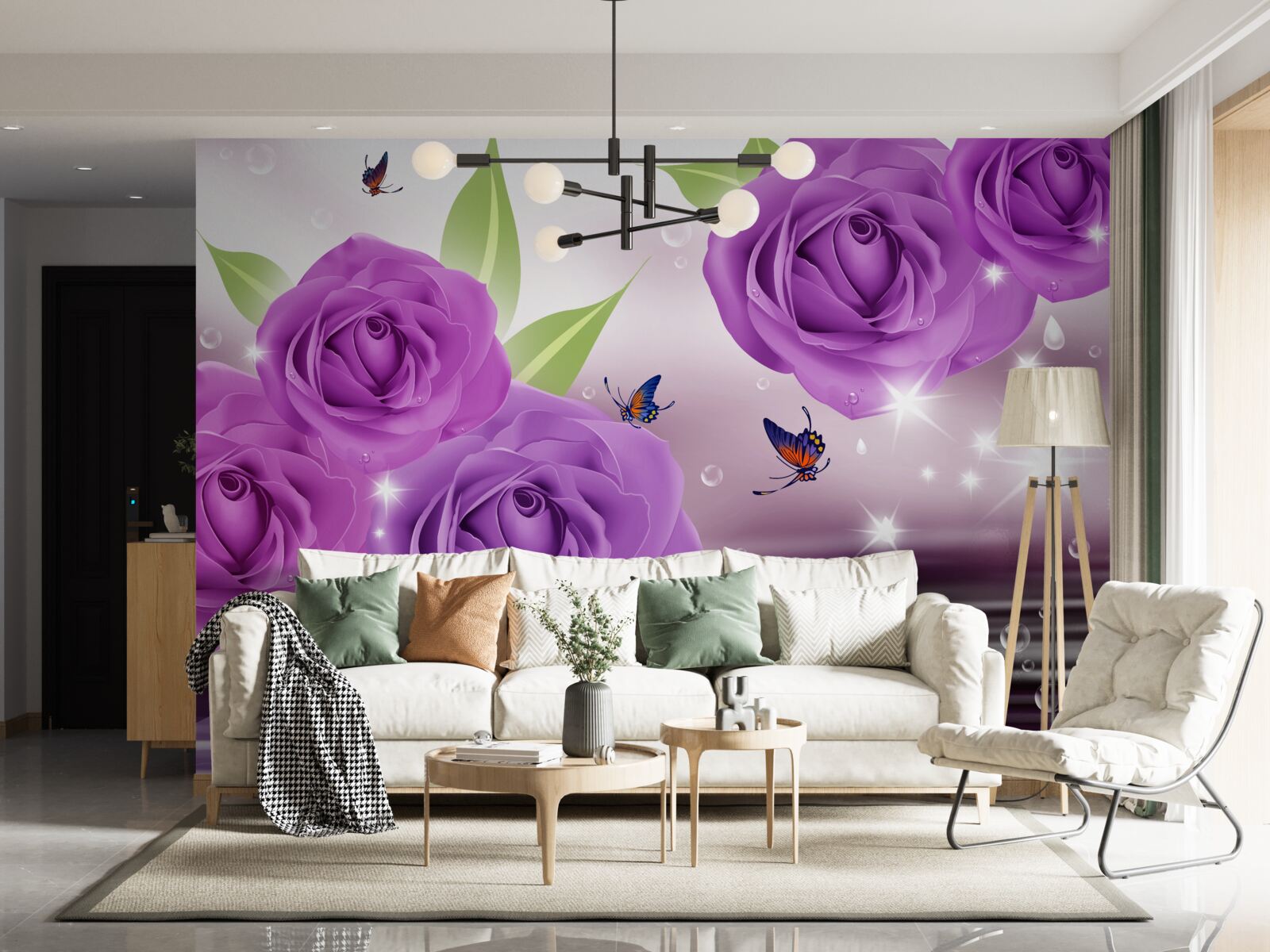 Fototapeten Schmetterlinge und Rosen haben eine dunkelviolette, lila Farbe