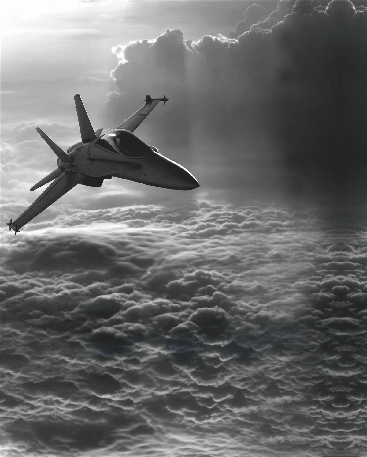 Fototapeten Ein Kampfflugzeug unter den Wolken