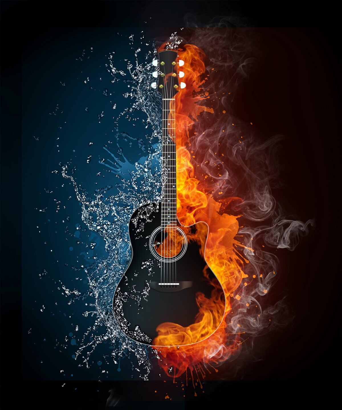 Fototapeten Wasser und Feuer umgeben die Gitarre