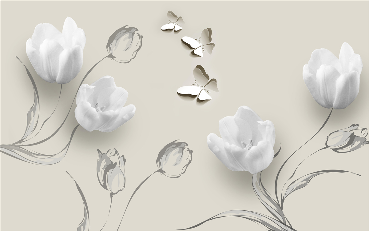 Fototapeten Schnee -White -Tulpen und Schmetterlinge