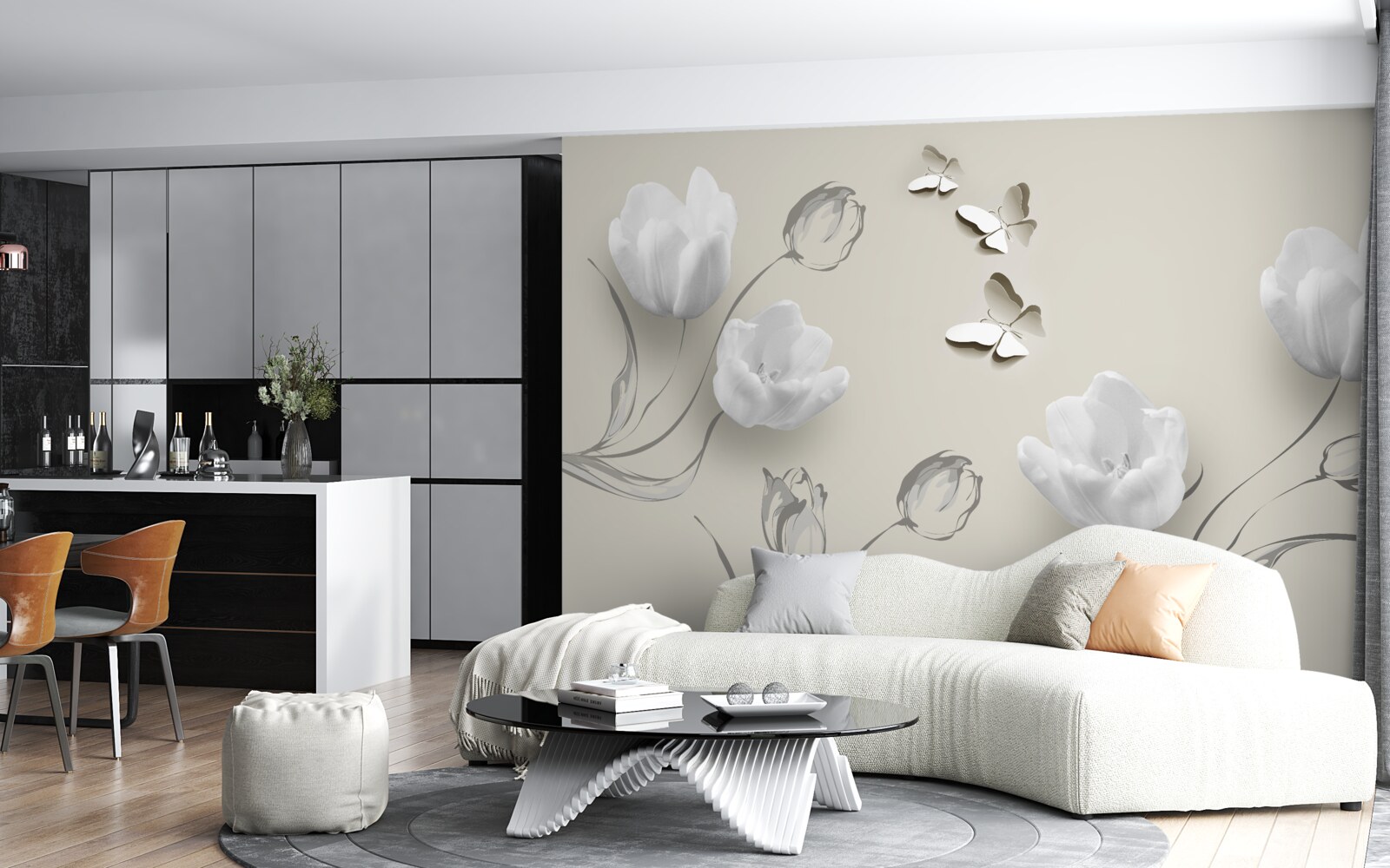 Fototapeten Schnee -White -Tulpen und Schmetterlinge