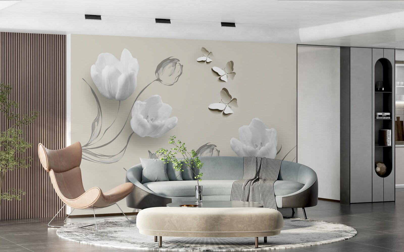 Fototapeten Schnee -White -Tulpen und Schmetterlinge