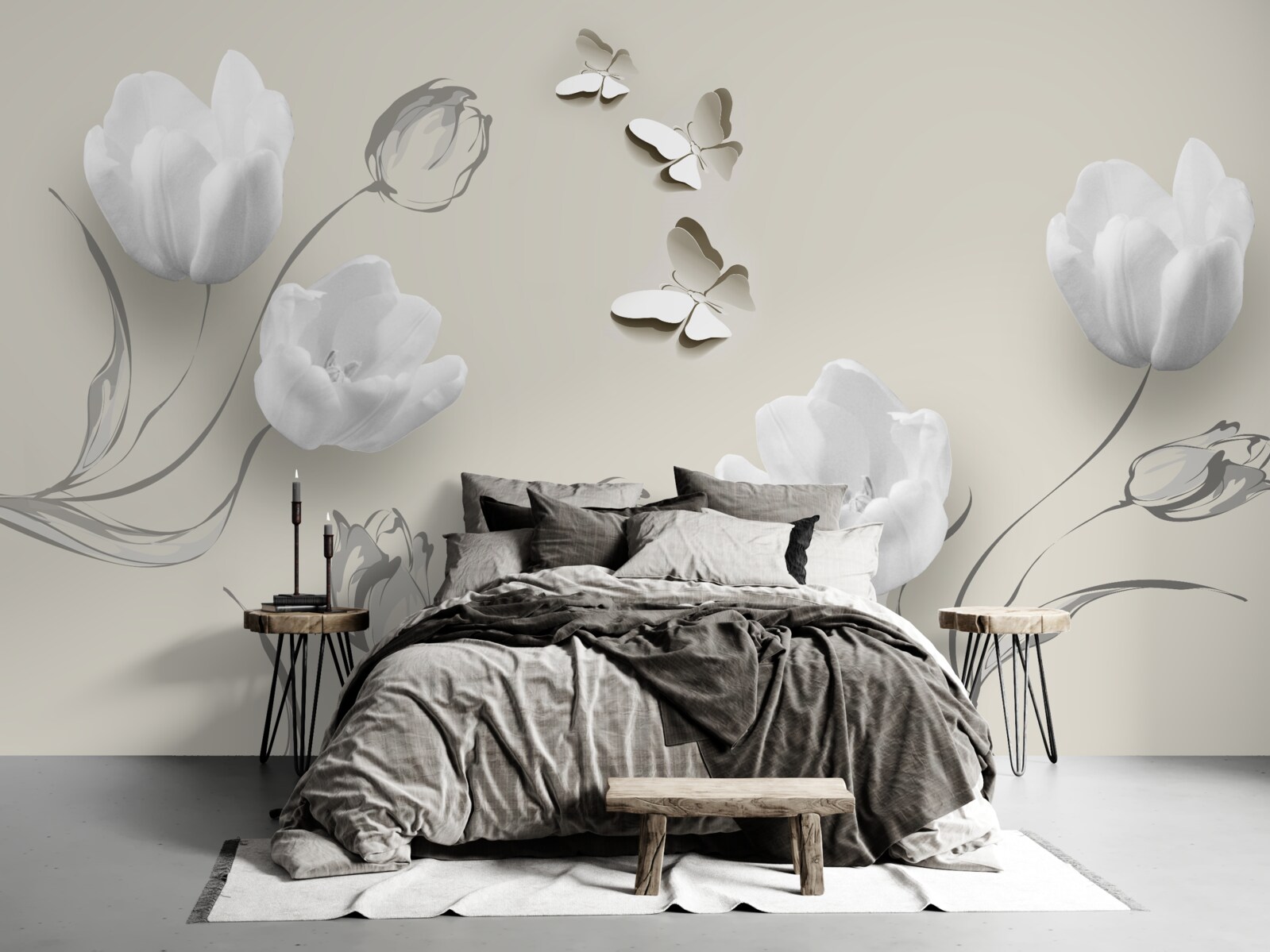 Fototapeten Schnee -White -Tulpen und Schmetterlinge