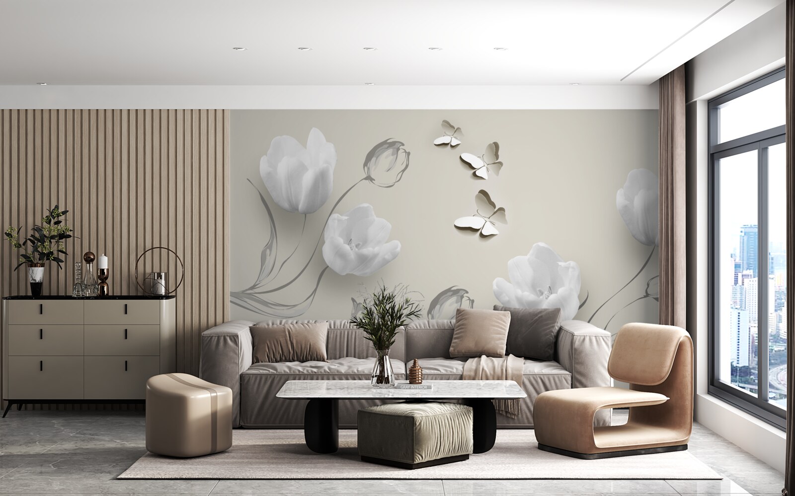 Fototapeten Schnee -White -Tulpen und Schmetterlinge