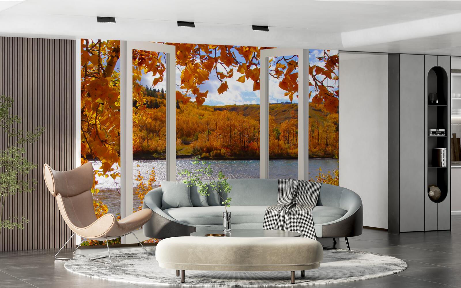 Fototapeten Zeigen Sie vom Fenster zum Herbstwald an