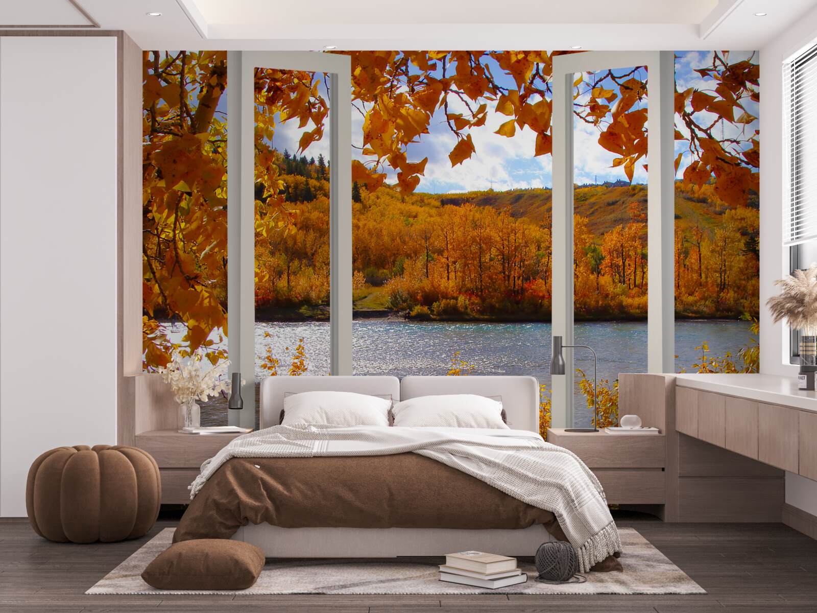 Fototapeten Zeigen Sie vom Fenster zum Herbstwald an
