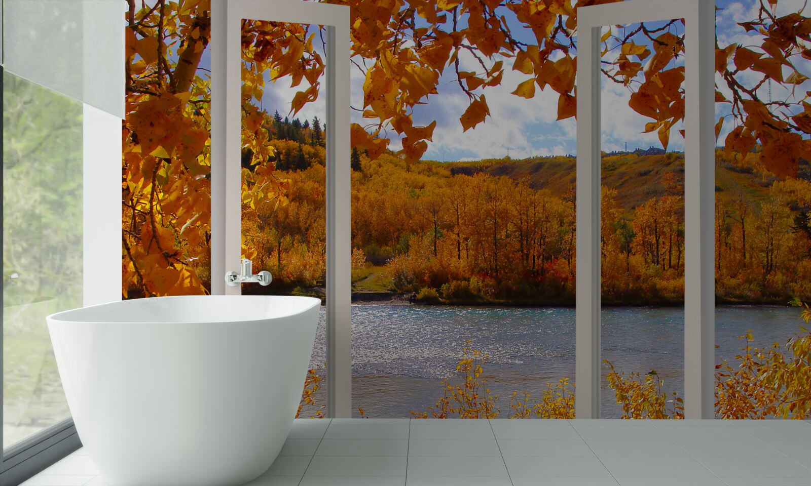Fototapeten Zeigen Sie vom Fenster zum Herbstwald an