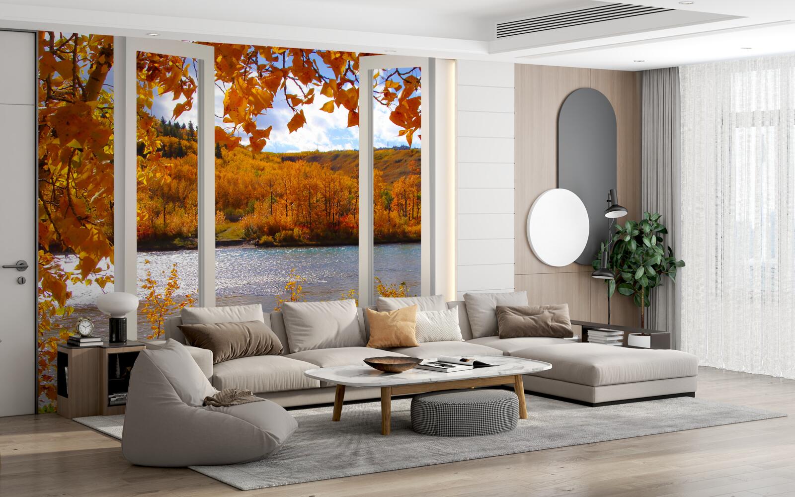 Fototapeten Zeigen Sie vom Fenster zum Herbstwald an