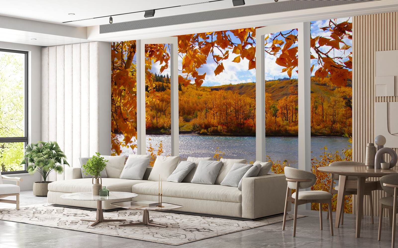 Fototapeten Zeigen Sie vom Fenster zum Herbstwald an