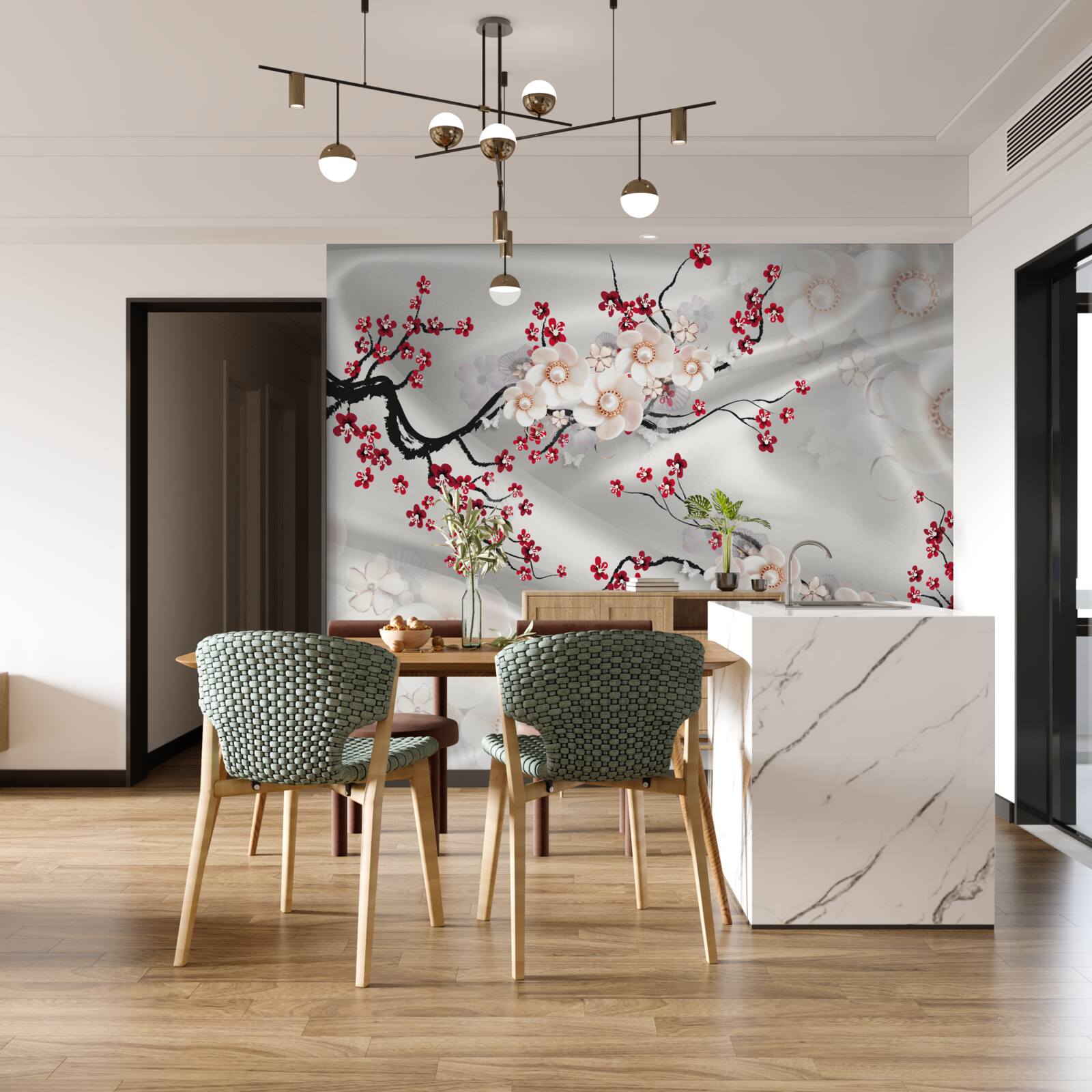 Fototapeten Die Blumen blühten auf den Zweigen der roten Sakura