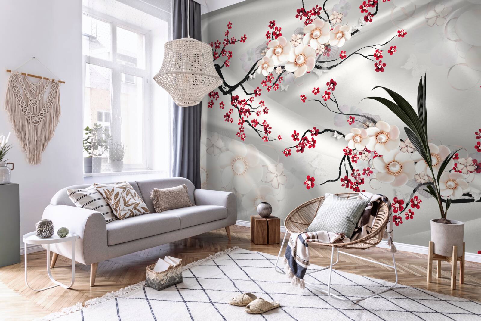 Fototapeten Die Blumen blühten auf den Zweigen der roten Sakura