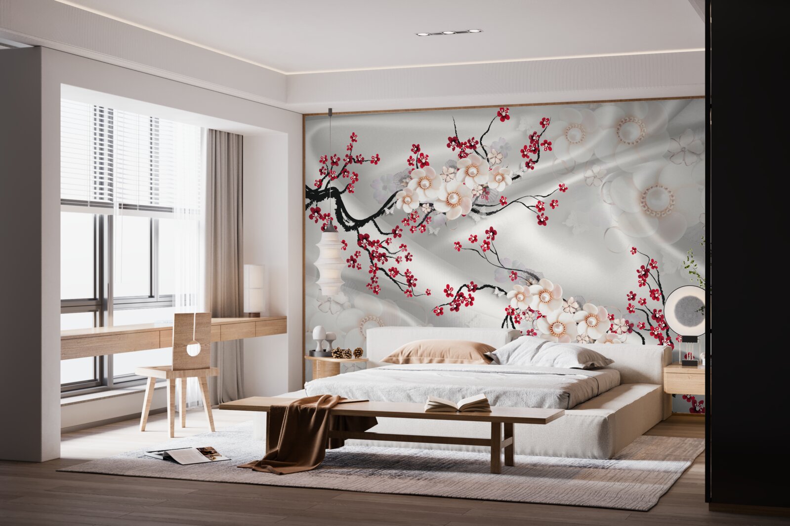 Fototapeten Die Blumen blühten auf den Zweigen der roten Sakura