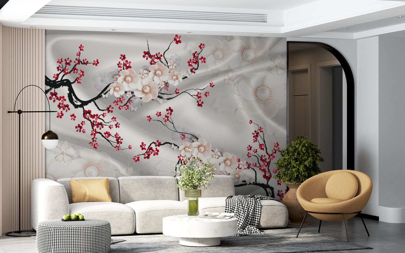 Fototapeten Die Blumen blühten auf den Zweigen der roten Sakura