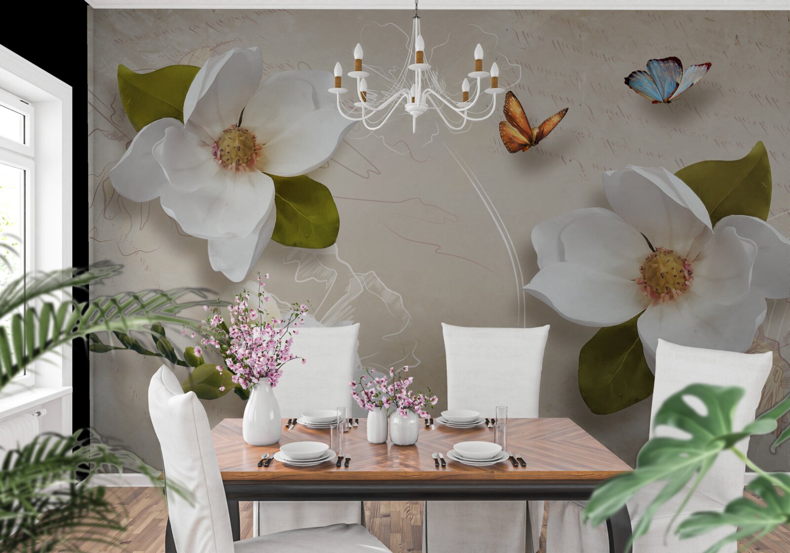Fototapeten Summer Lotus sind weiß und mit Schmetterlingen dekoriert