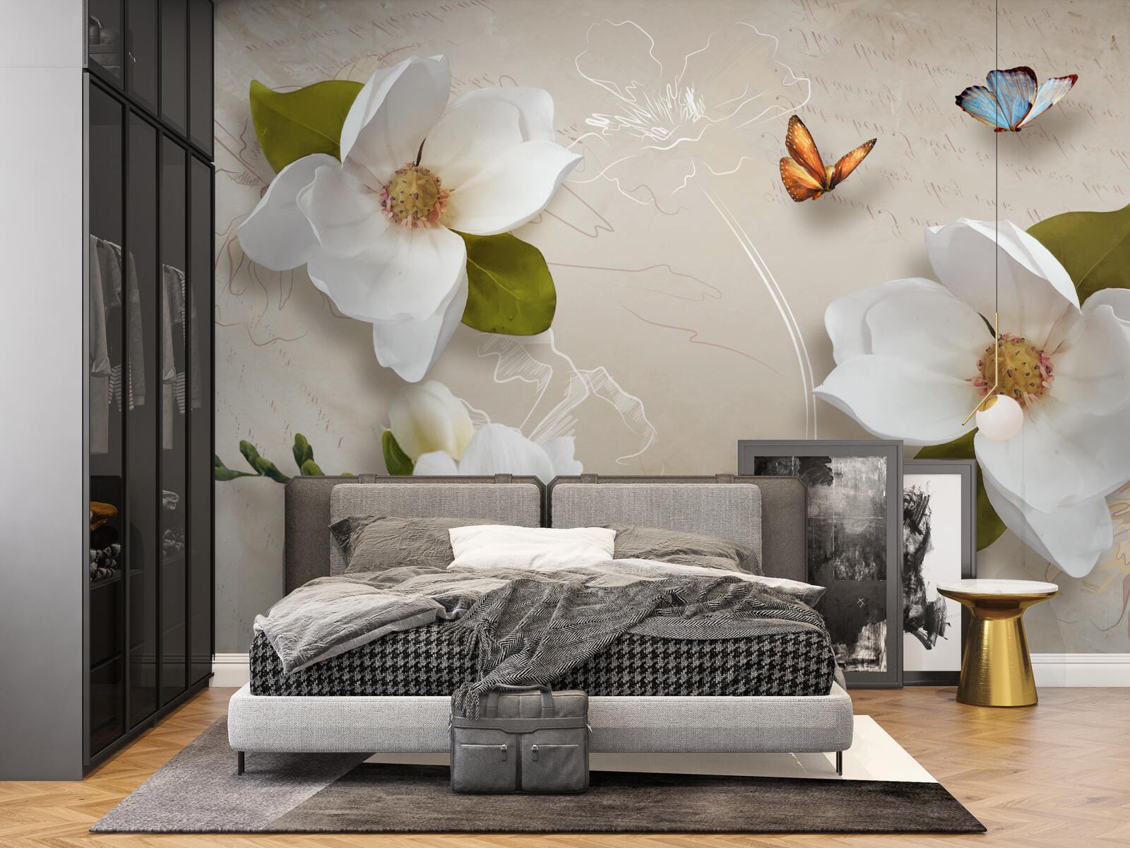 Fototapeten Summer Lotus sind weiß und mit Schmetterlingen dekoriert