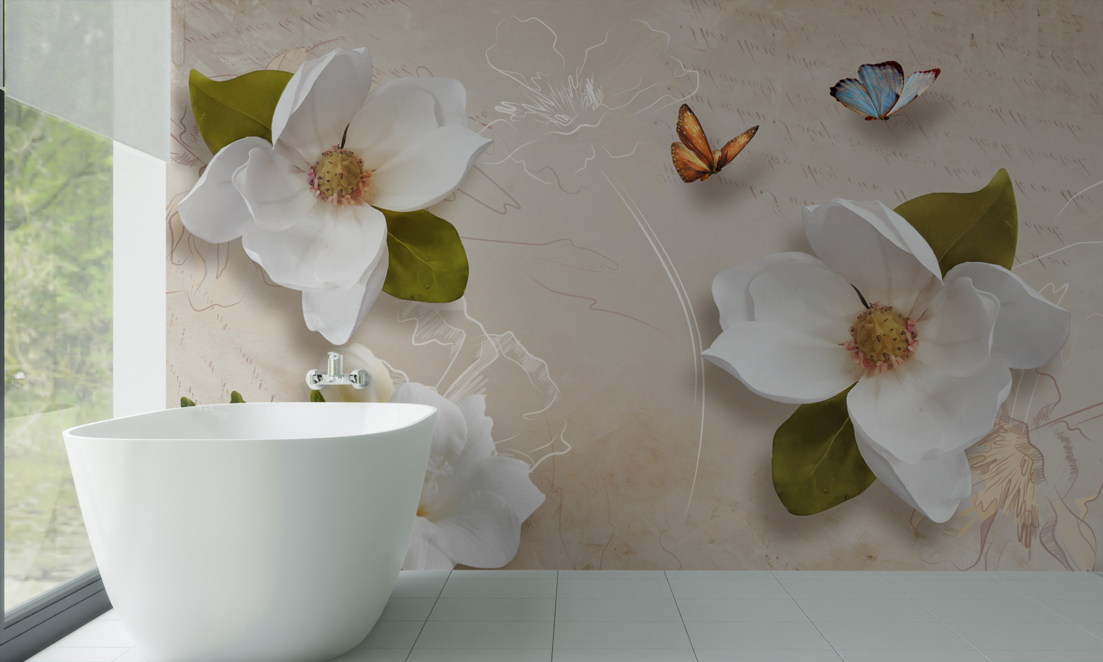 Fototapeten Summer Lotus sind weiß und mit Schmetterlingen dekoriert
