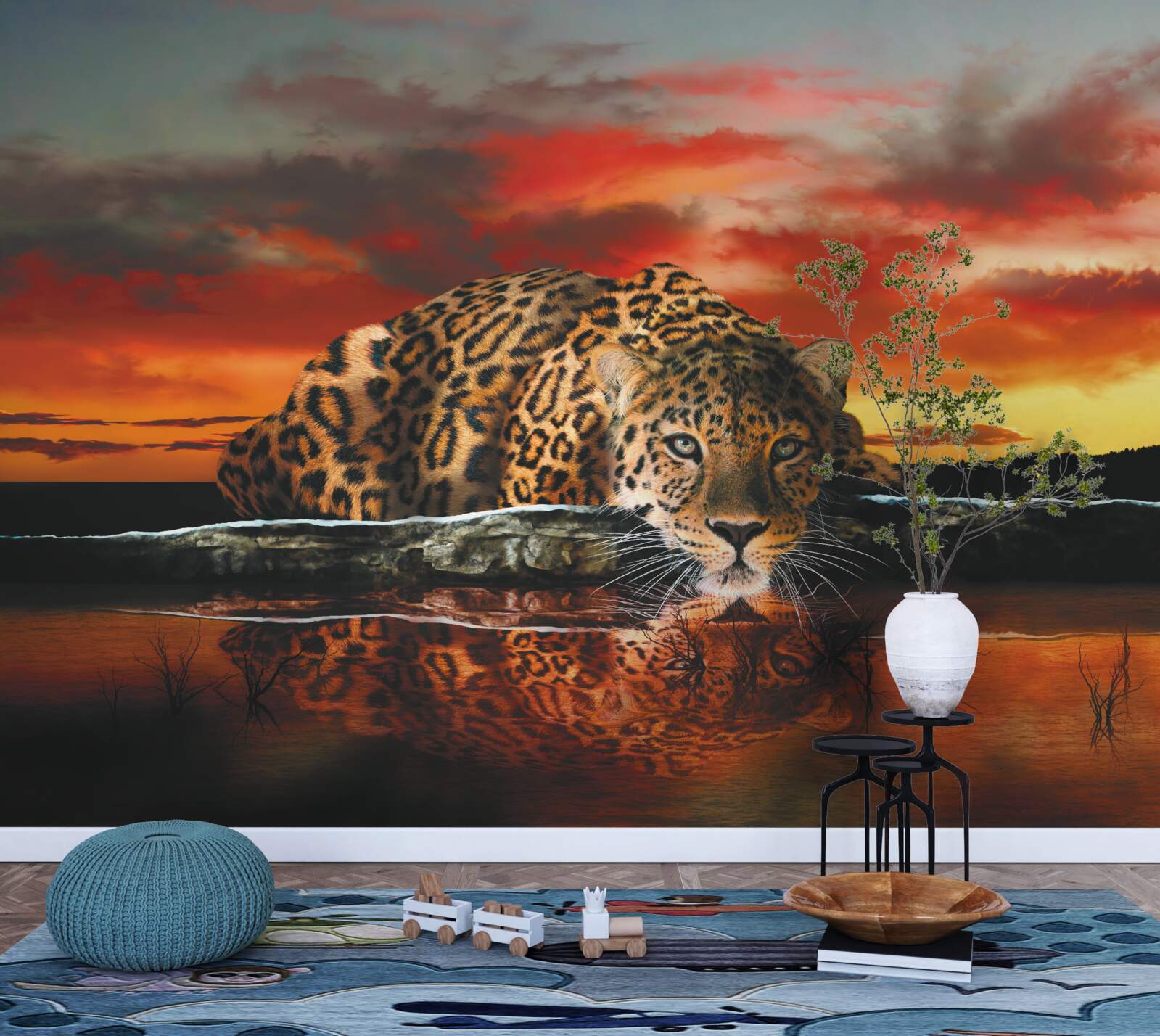 Fototapeten Reflexion des Leopards vor dem Hintergrund des Sonnenuntergangs