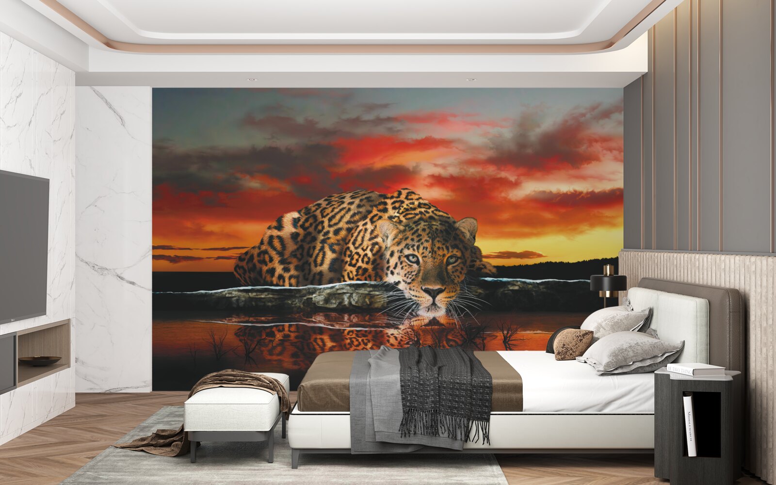 Fototapeten Reflexion des Leopards vor dem Hintergrund des Sonnenuntergangs