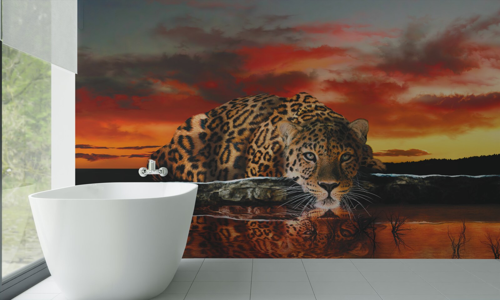 Fototapeten Reflexion des Leopards vor dem Hintergrund des Sonnenuntergangs