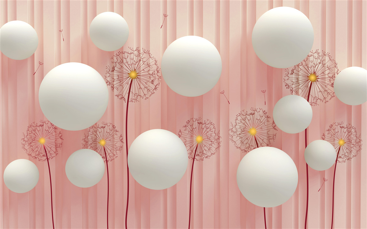 Fototapeten Eleganter Löwenzahn und schneebedeckte Kugeln auf einem rosa Hintergrund