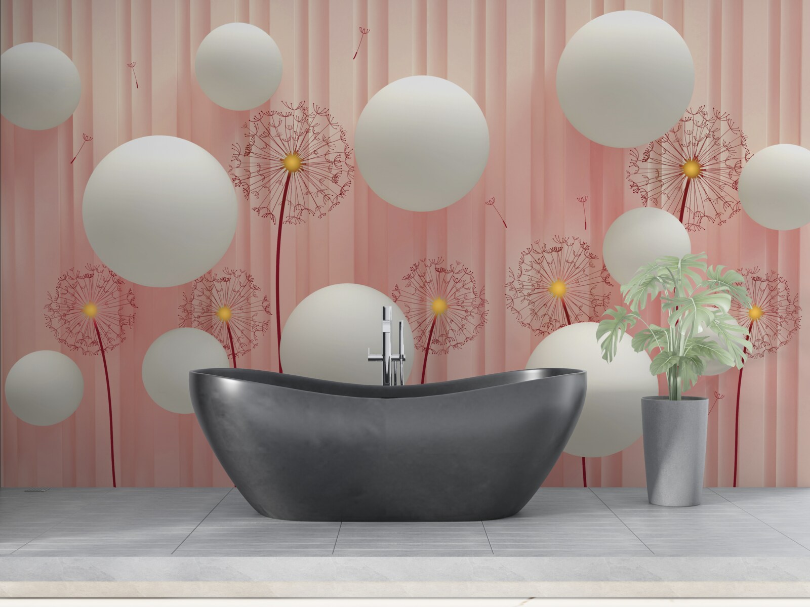 Fototapeten Eleganter Löwenzahn und schneebedeckte Kugeln auf einem rosa Hintergrund