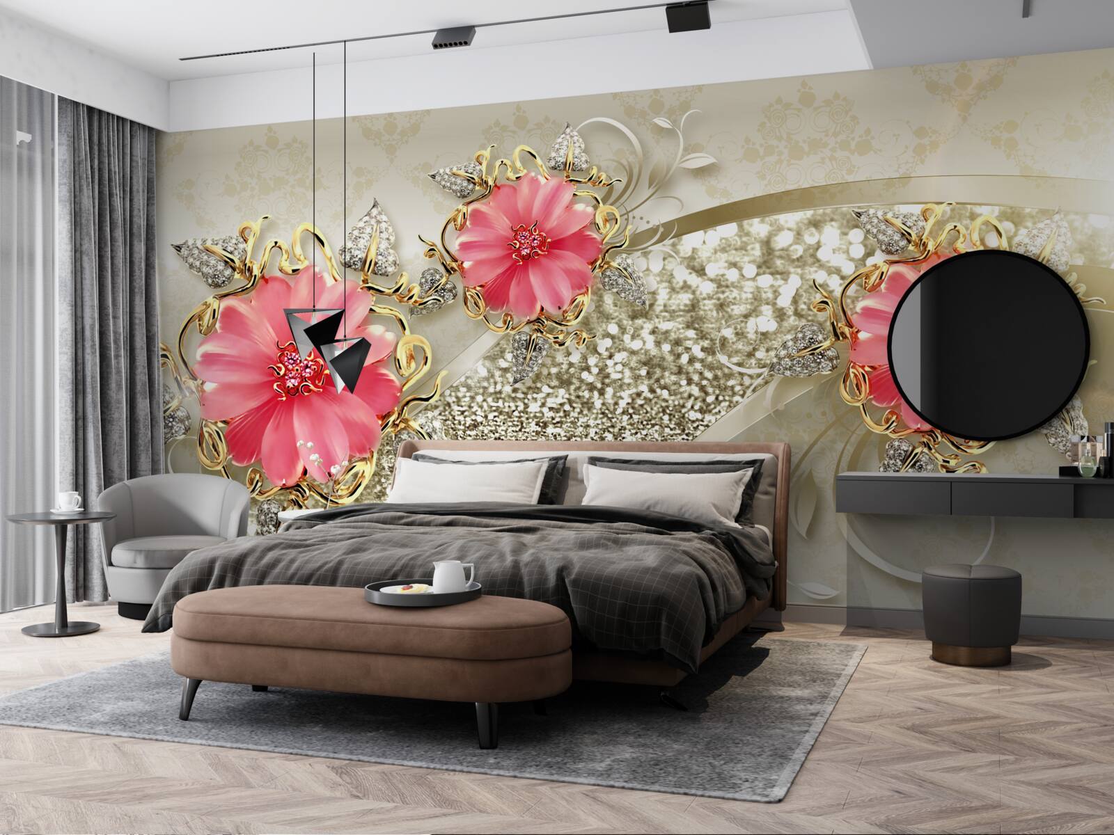 Fototapeten Gerberas mit rotem Schatten auf goldenen Zweigen