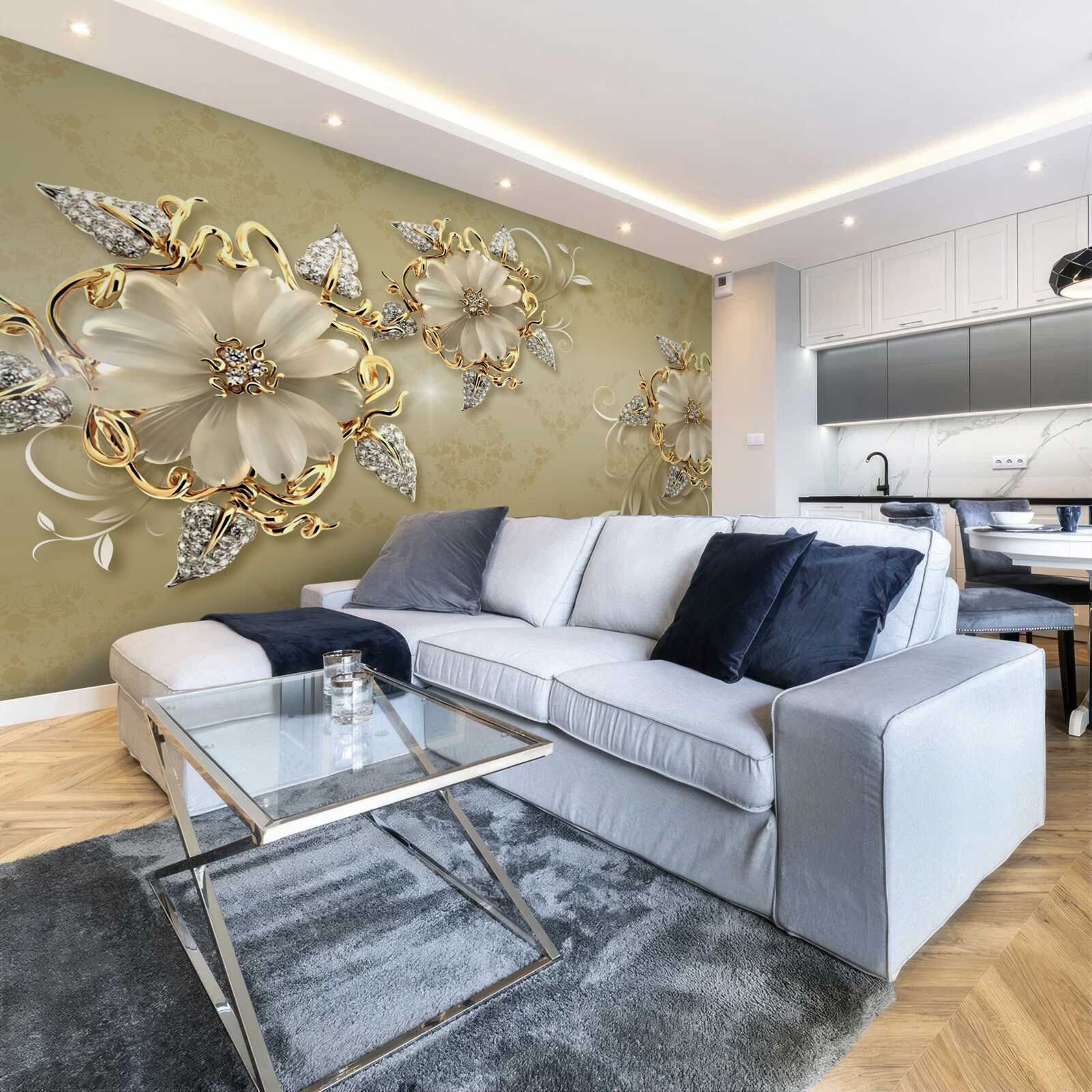 Fototapeten Die Blumen sind schneeweiß und die Äste glänzen mit Gold und Silber