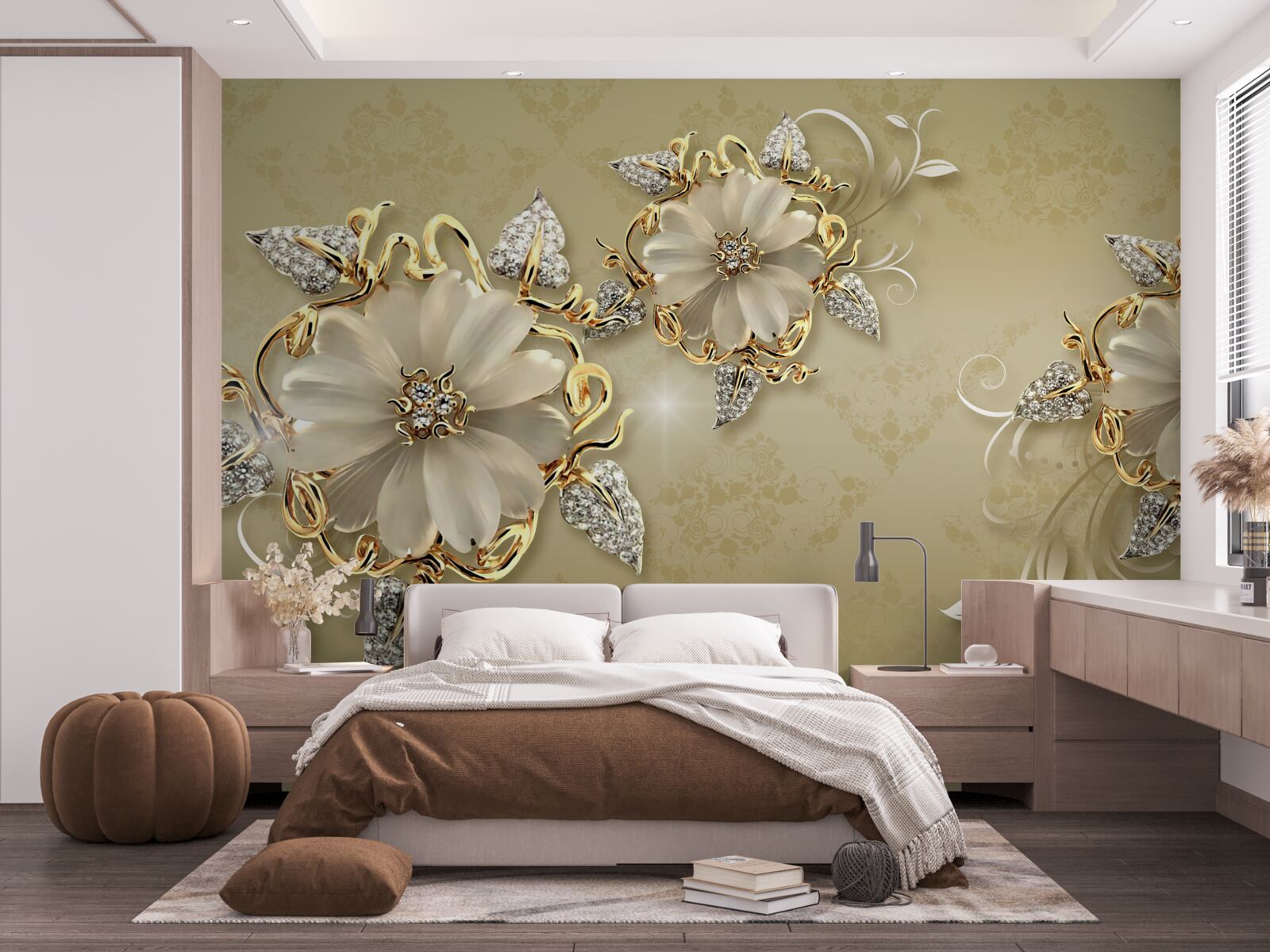 Fototapeten Die Blumen sind schneeweiß und die Äste glänzen mit Gold und Silber
