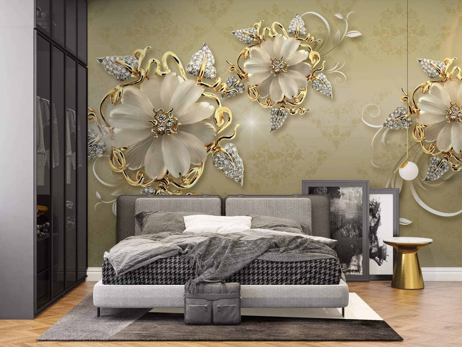 Fototapeten Die Blumen sind schneeweiß und die Äste glänzen mit Gold und Silber