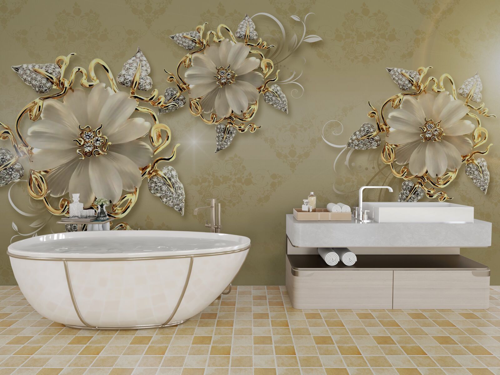 Fototapeten Die Blumen sind schneeweiß und die Äste glänzen mit Gold und Silber