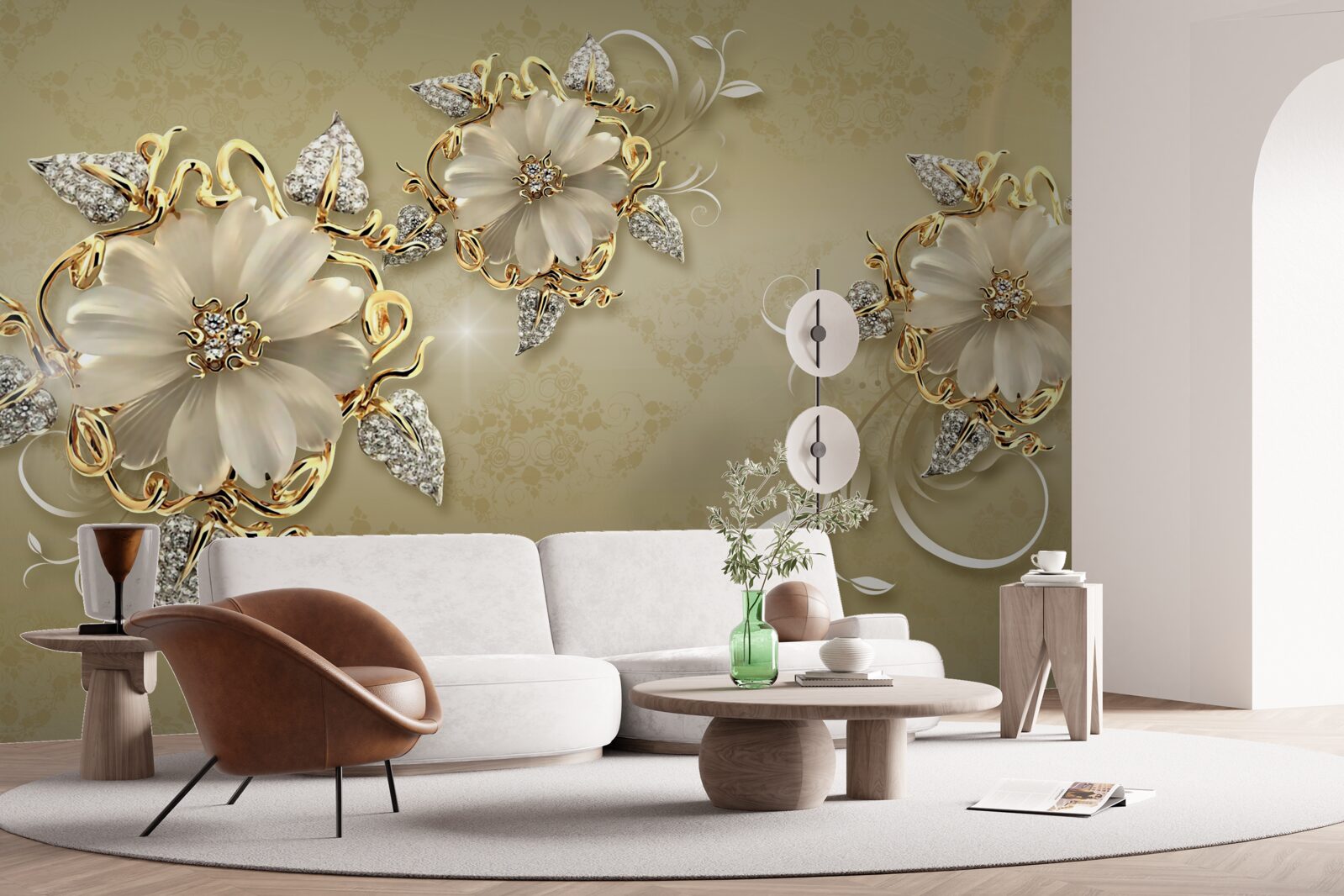 Fototapeten Die Blumen sind schneeweiß und die Äste glänzen mit Gold und Silber