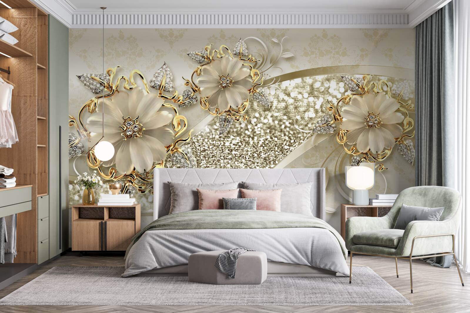 Fototapeten Blumen in hellweißer goldenen Zweigen mit Gold bedeckt mit Perlen