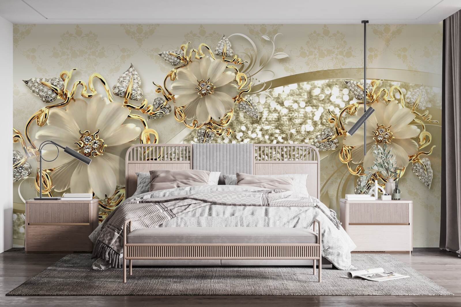 Fototapeten Blumen in hellweißer goldenen Zweigen mit Gold bedeckt mit Perlen