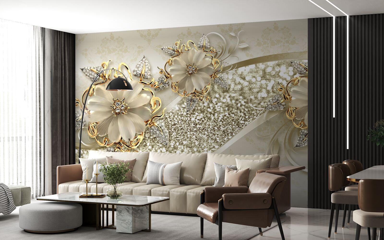 Fototapeten Blumen in hellweißer goldenen Zweigen mit Gold bedeckt mit Perlen