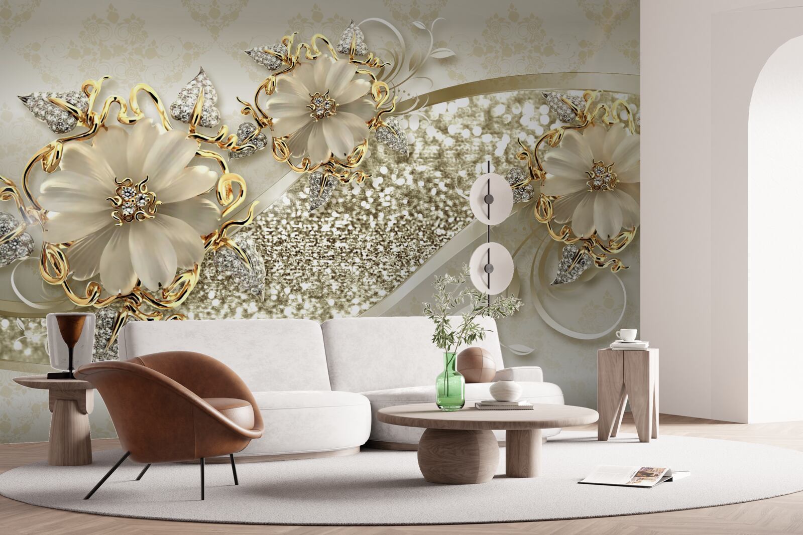 Fototapeten Blumen in hellweißer goldenen Zweigen mit Gold bedeckt mit Perlen