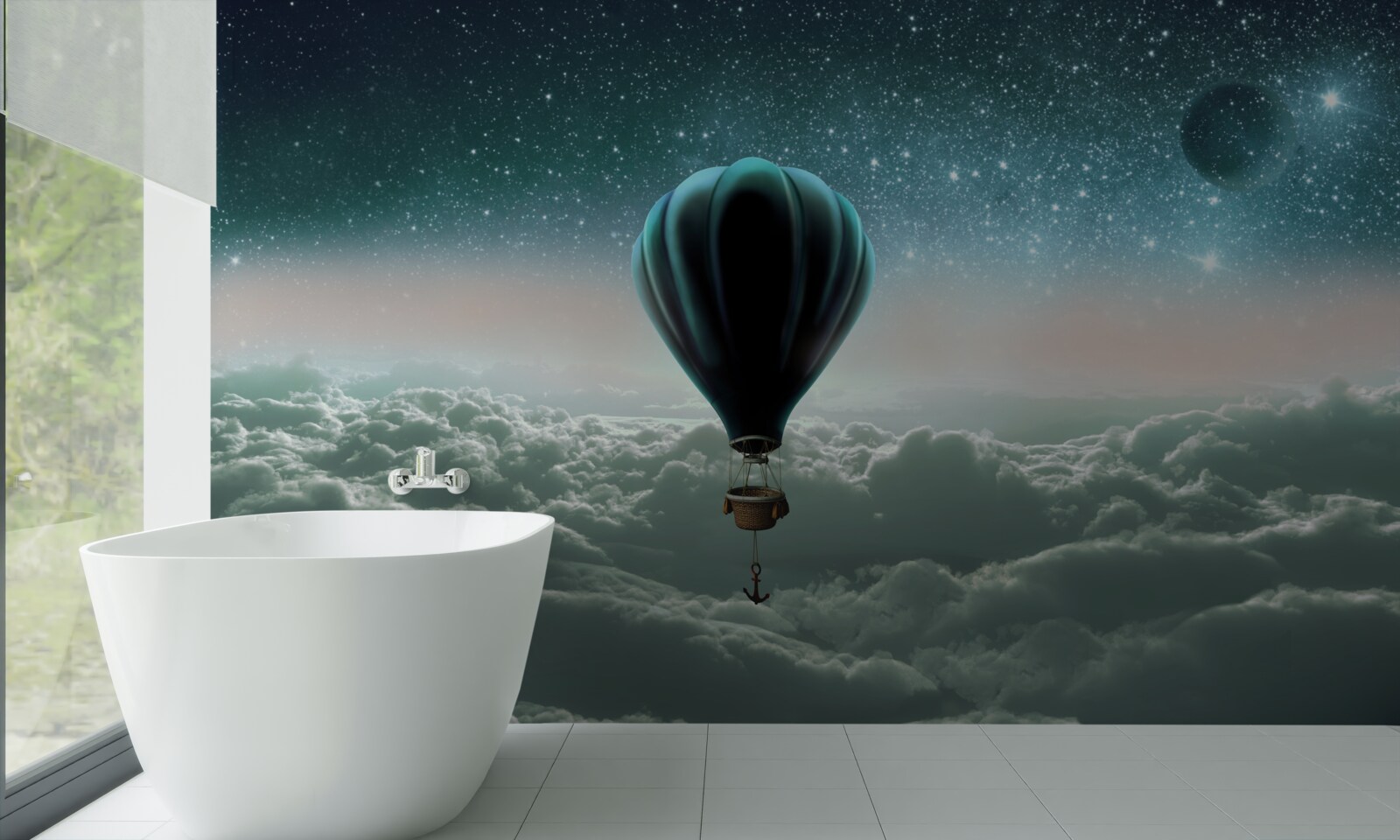 Fototapeten Nachtballon für beheizte Luft, die über den Wolken schweben