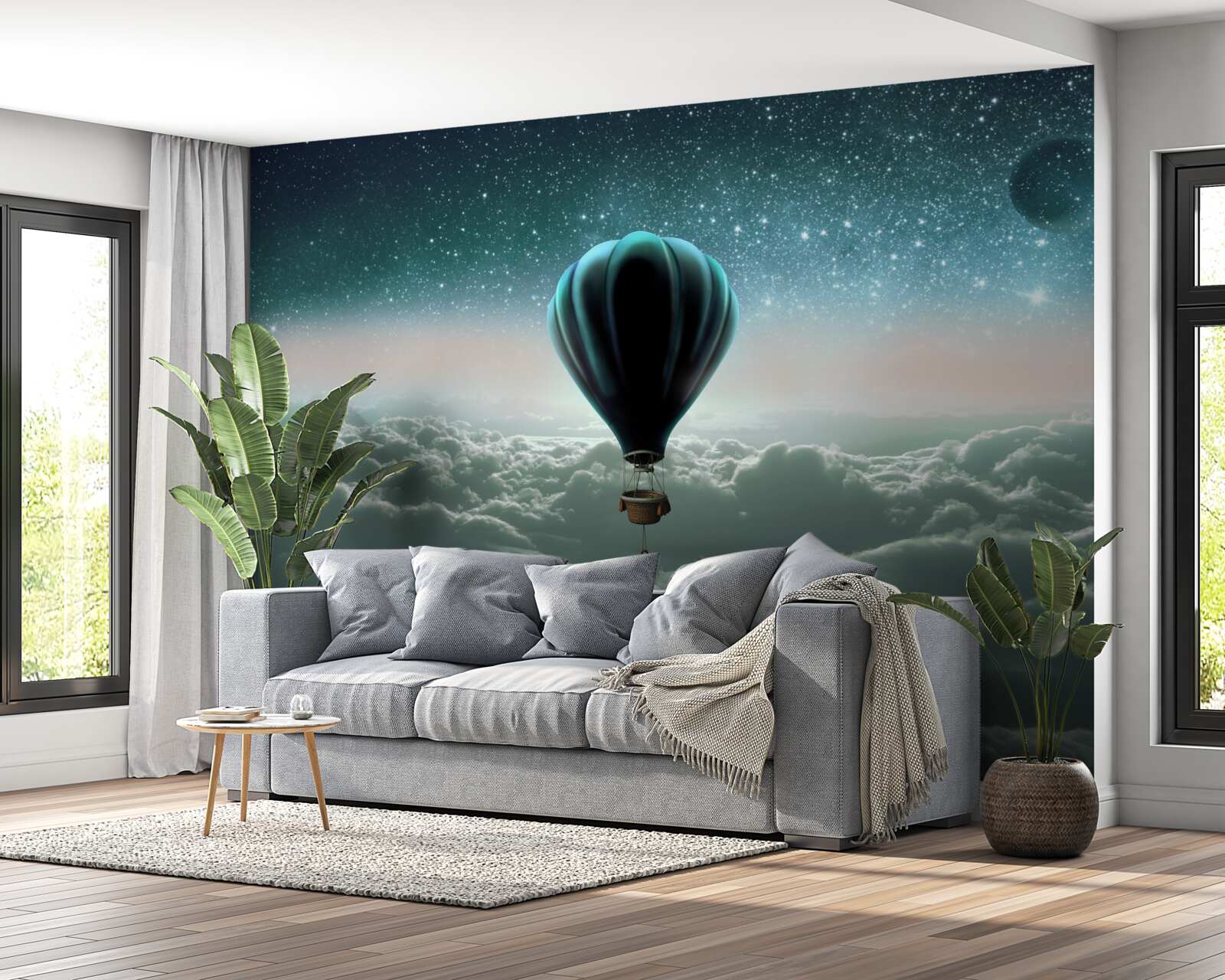 Fototapeten Nachtballon für beheizte Luft, die über den Wolken schweben
