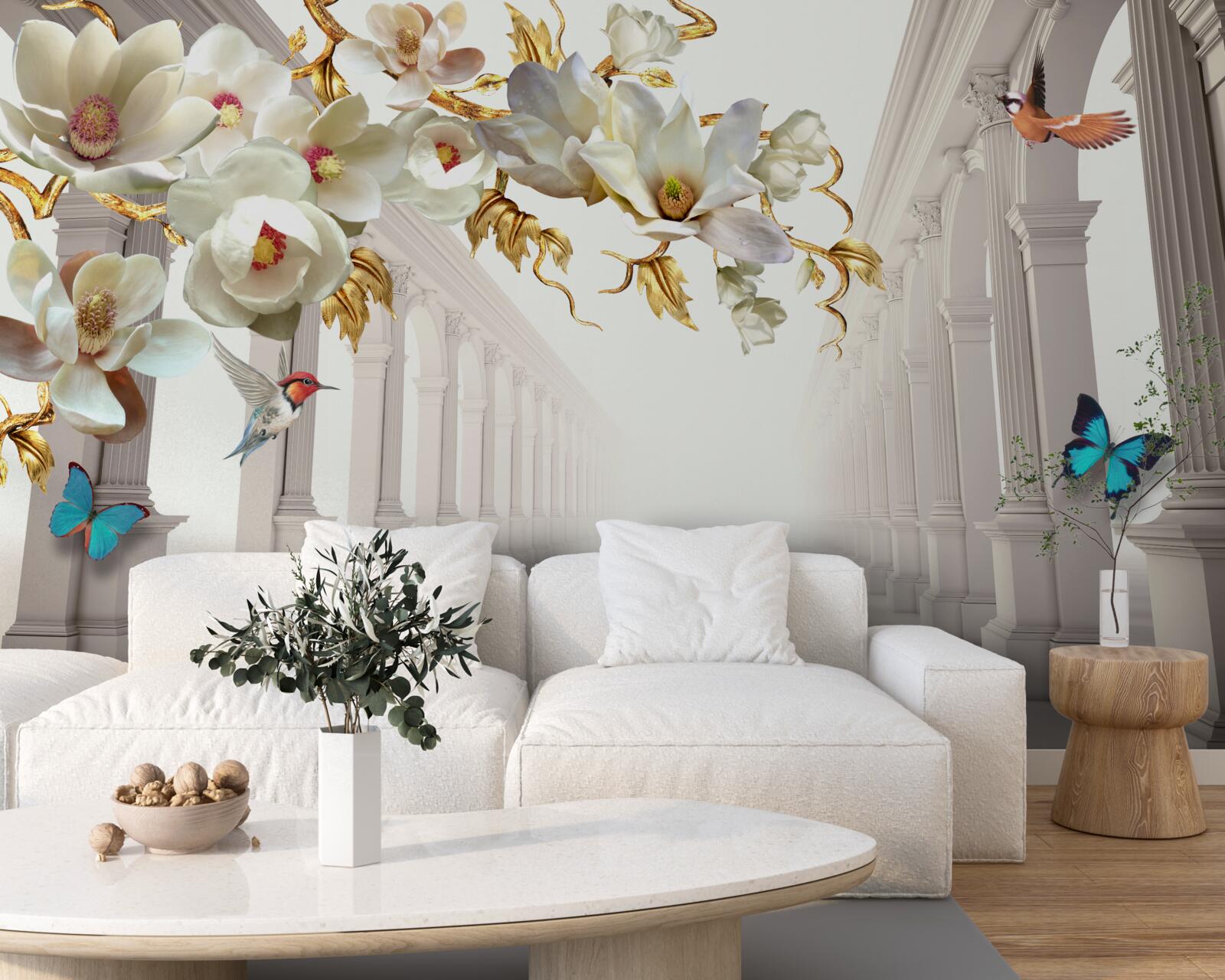 Fototapeten Die Bögen sind mit Schmetterlingen und weißen Blumen mit goldenen Blättern dekoriert