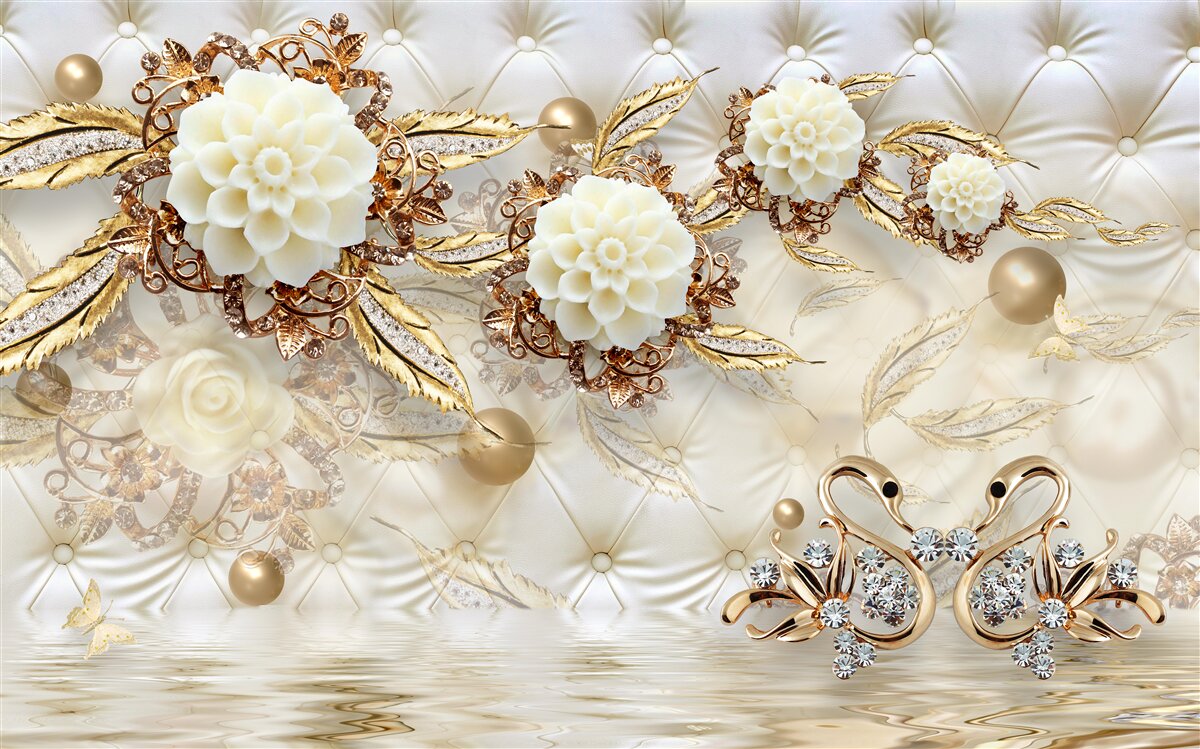 Fototapeten Goldene Schwäne und leichte Knospen auf glänzendem Gold
