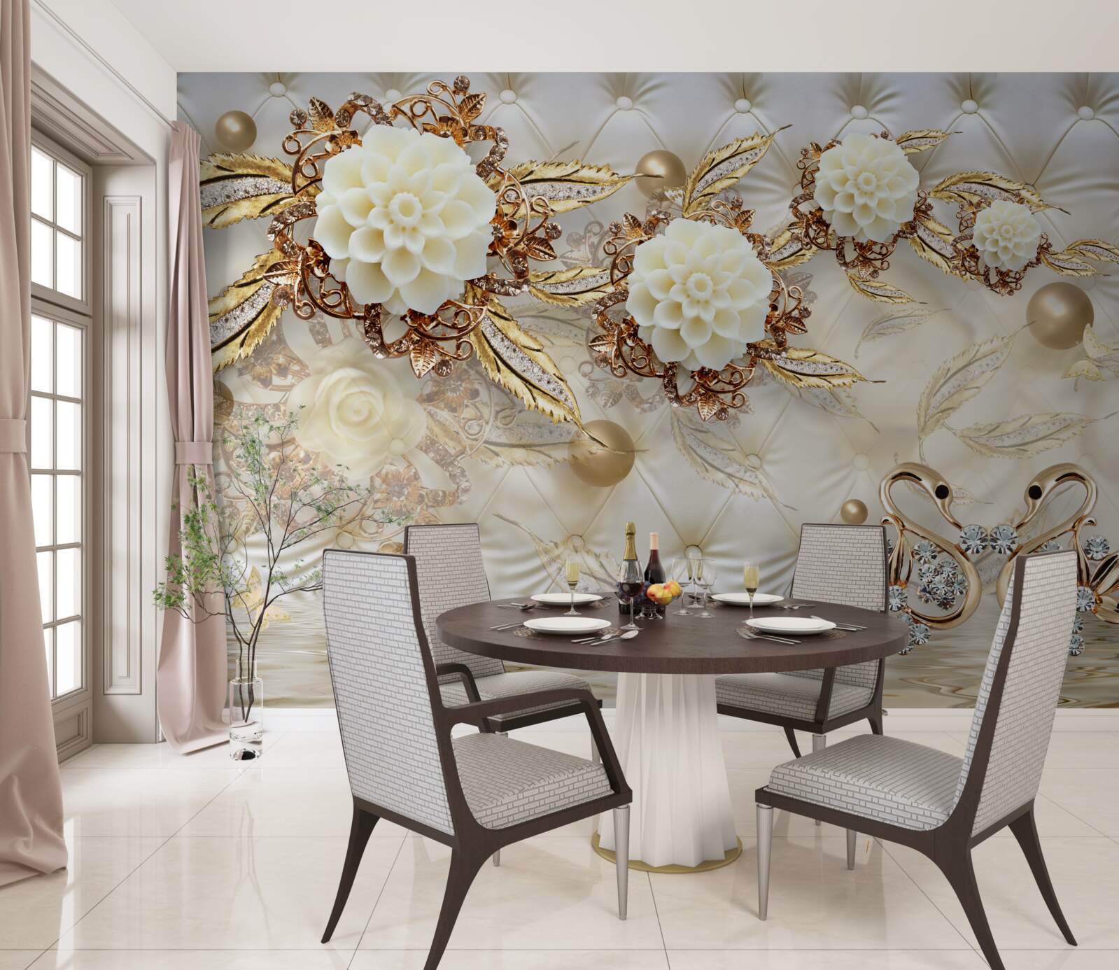 Fototapeten Goldene Schwäne und leichte Knospen auf glänzendem Gold