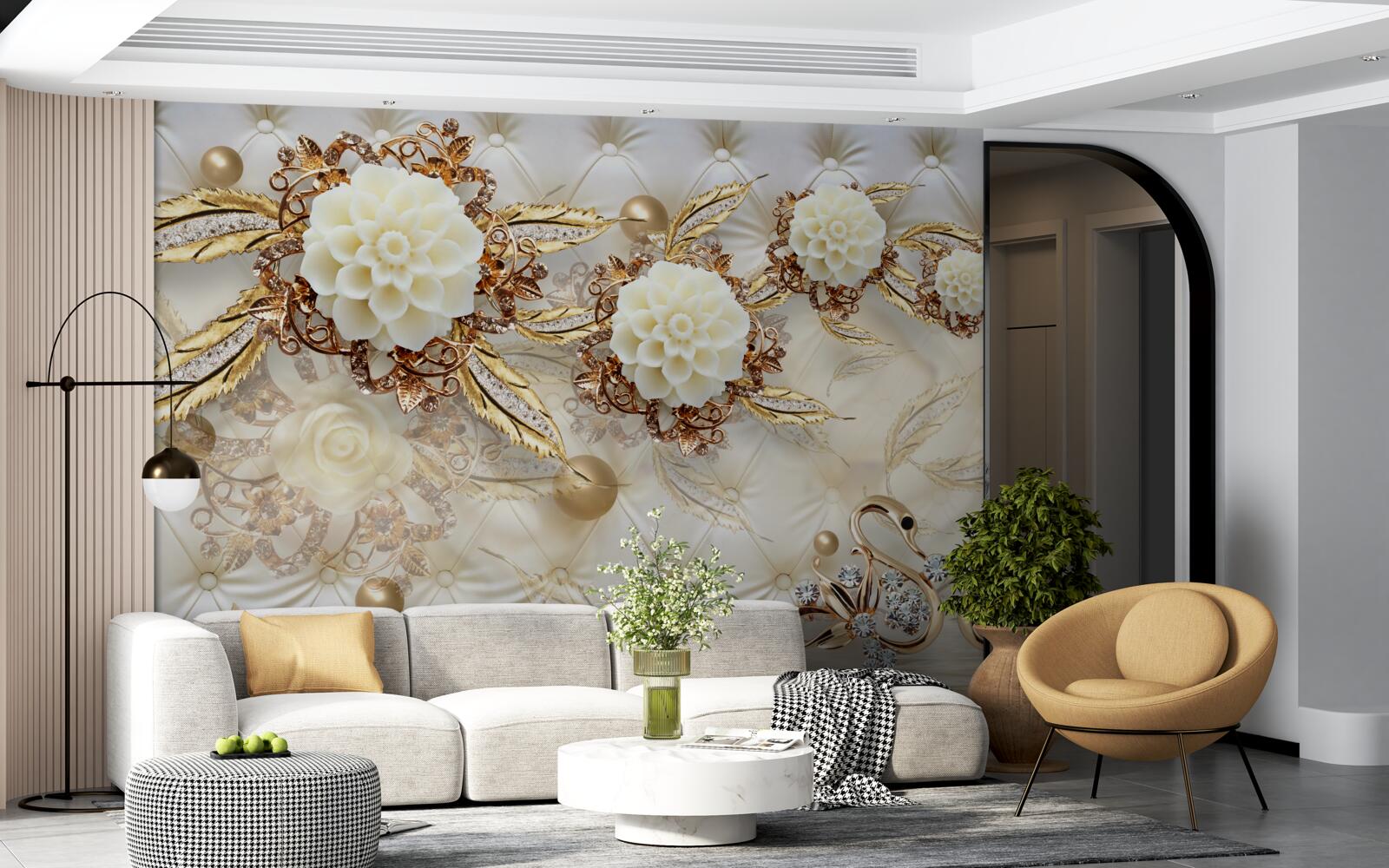 Fototapeten Goldene Schwäne und leichte Knospen auf glänzendem Gold