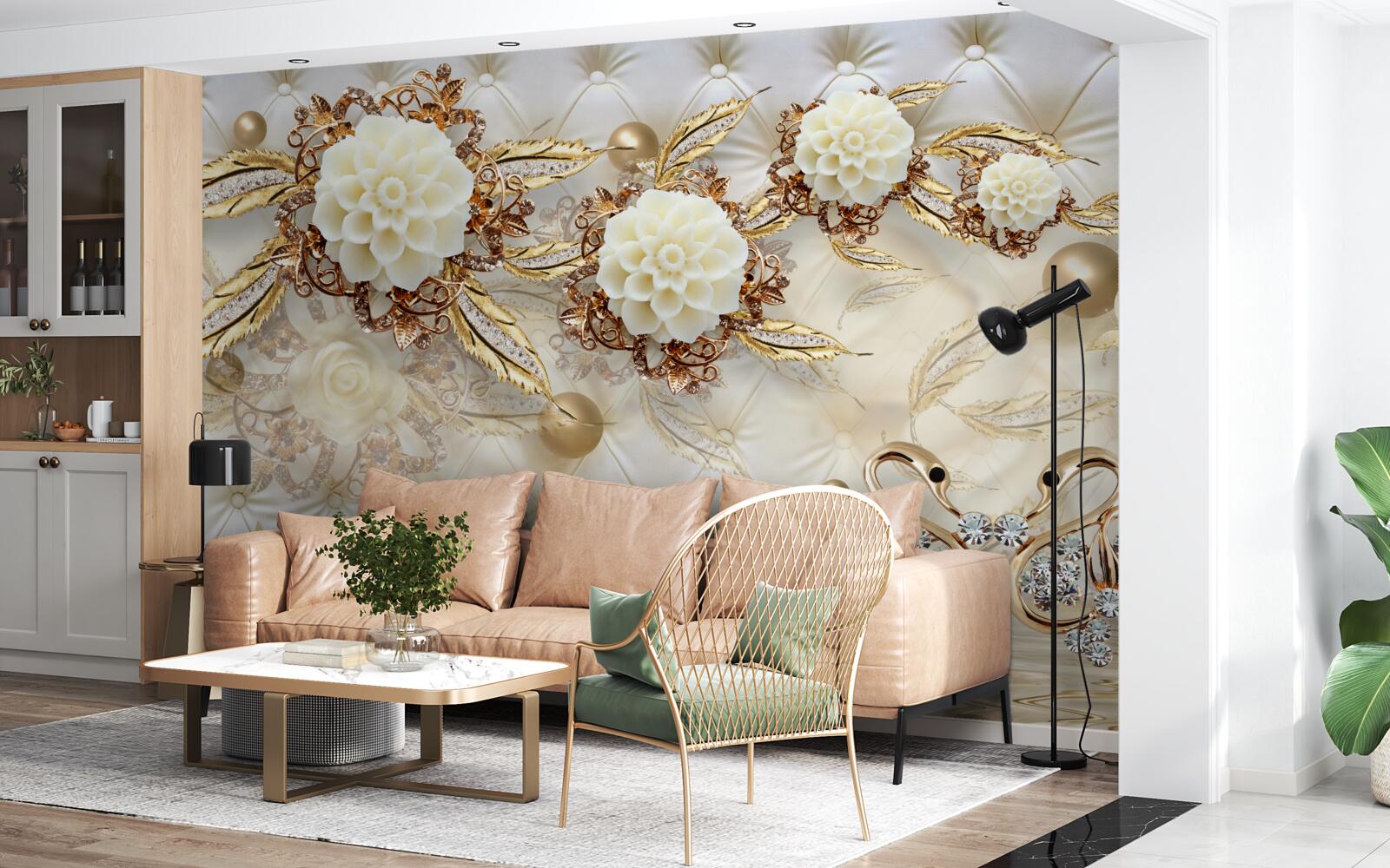 Fototapeten Goldene Schwäne und leichte Knospen auf glänzendem Gold