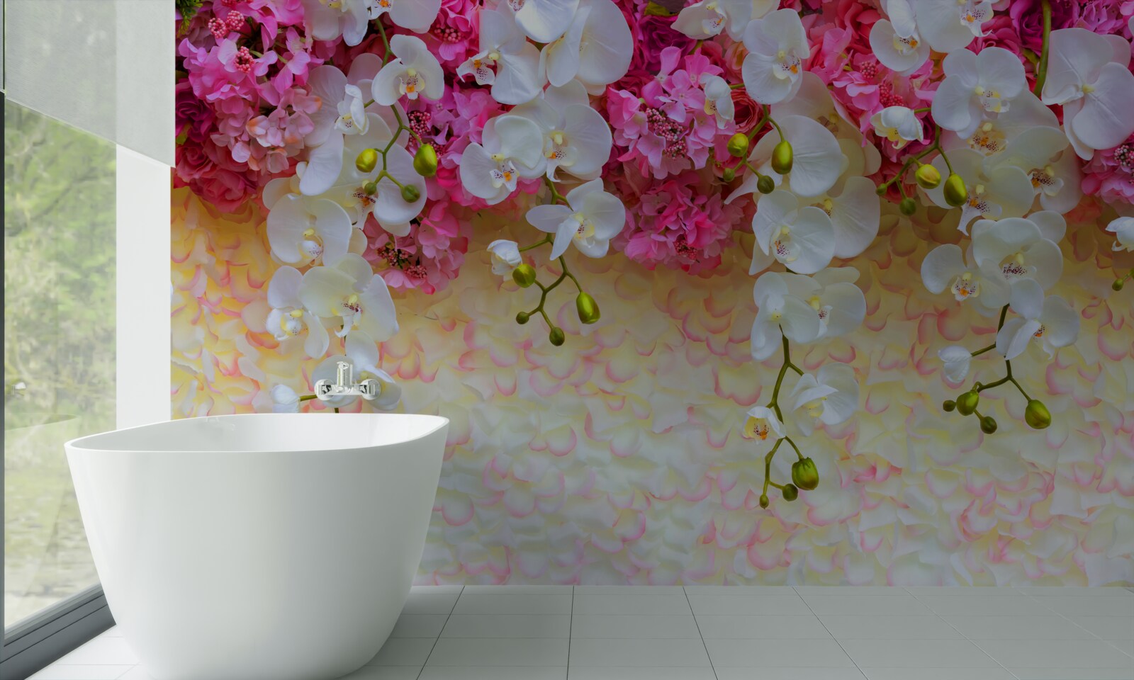 Fototapeten Die Orchideen sind weiß mit rosa Farbtönen, hängen