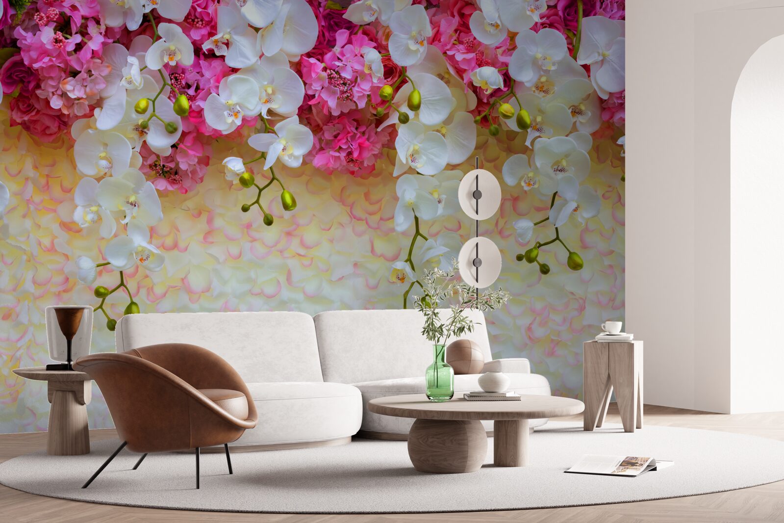 Fototapeten Die Orchideen sind weiß mit rosa Farbtönen, hängen