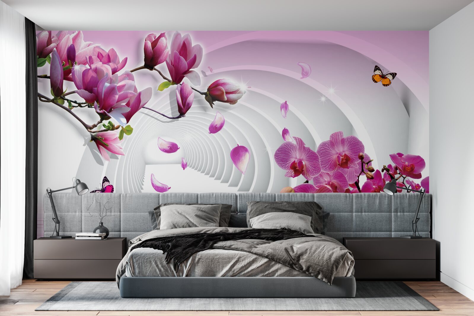 Fototapeten Lila -Orchideen an Zweigen und fliegenden Schmetterlingen
