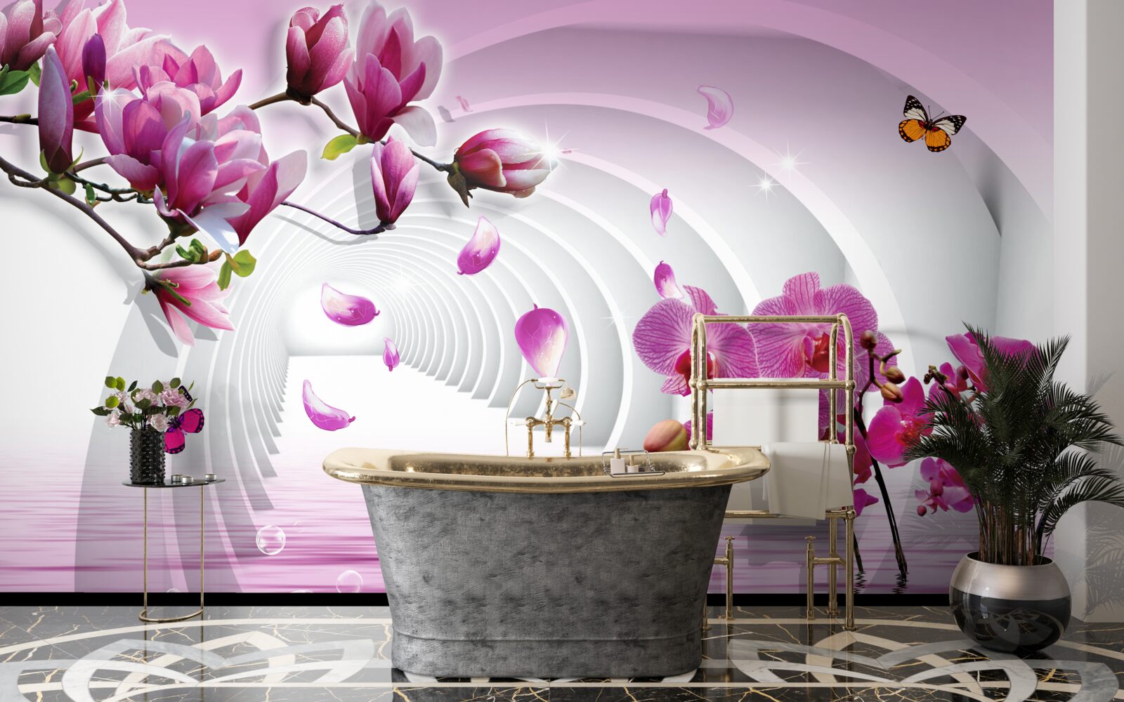 Fototapeten Lila -Orchideen an Zweigen und fliegenden Schmetterlingen