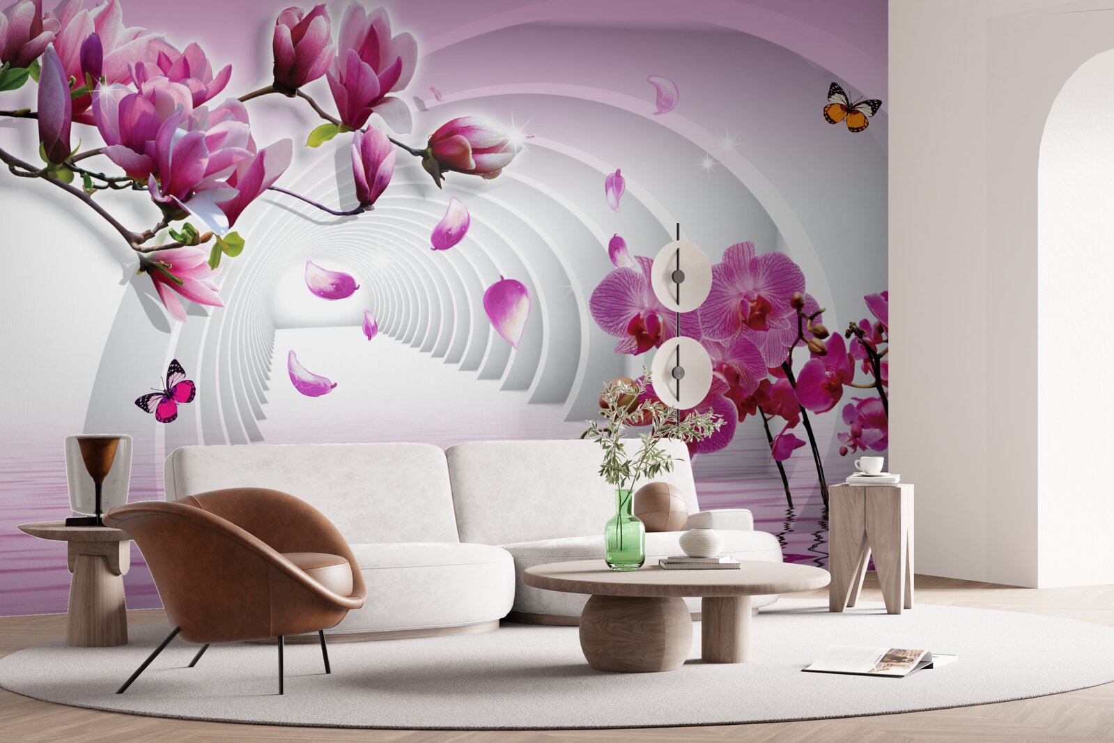 Fototapeten Lila -Orchideen an Zweigen und fliegenden Schmetterlingen
