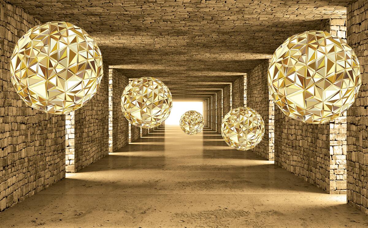 Fototapeten Ein abstraktes Bild von Bällen und Tunnel in goldenen Farbtönen